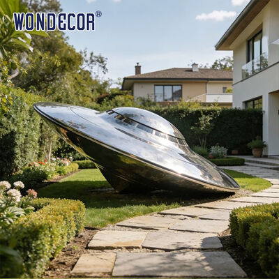 Modern Polished Stainless Steel UFO Flying Saucer Sculpture Outdoor Decor for Contemporary Villa Garden